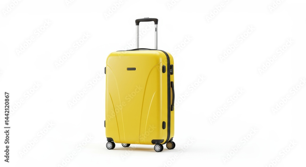 A yellow suitcase with an extendable handle standing on a white surface in a studio setting A yellow suitcase with an extendable handle standing on a white surface in a studio setting