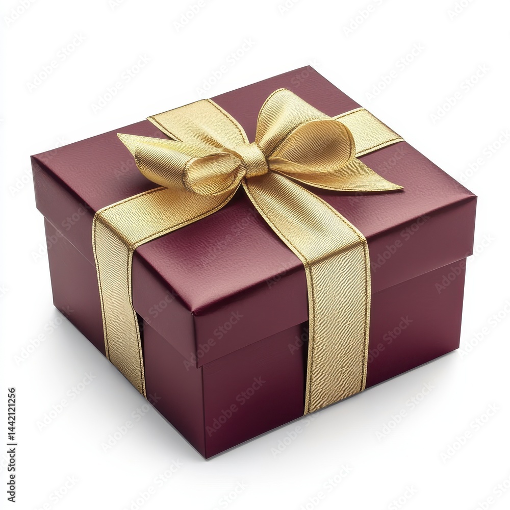 Obraz premium Burgundy Gift Box with Gold Ribbon and Bow on White