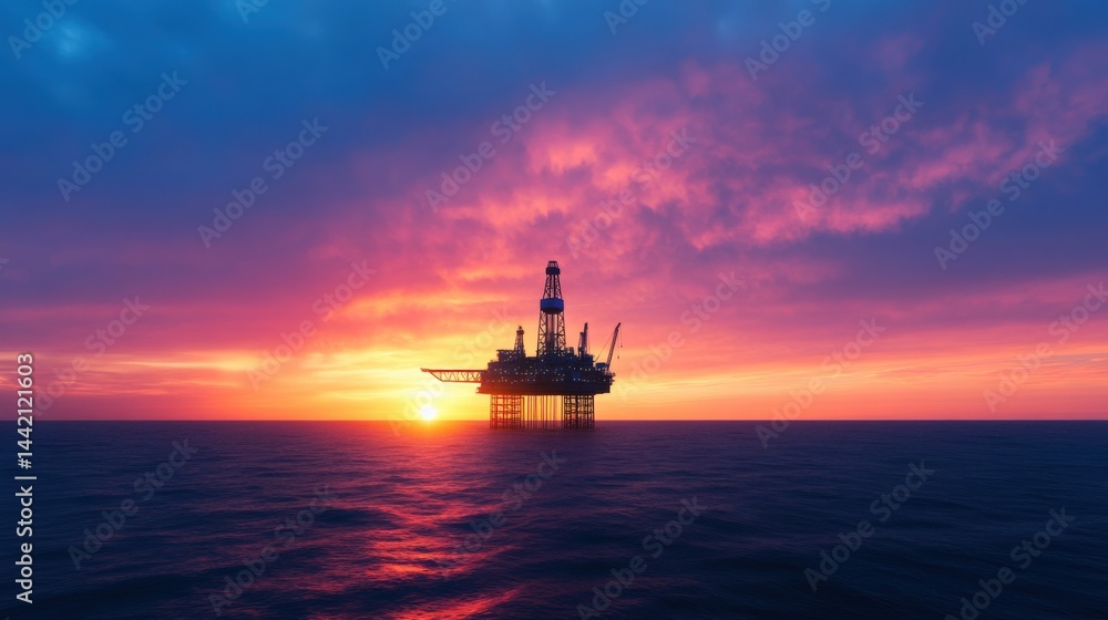 Obraz premium Offshore oil rig at sunset