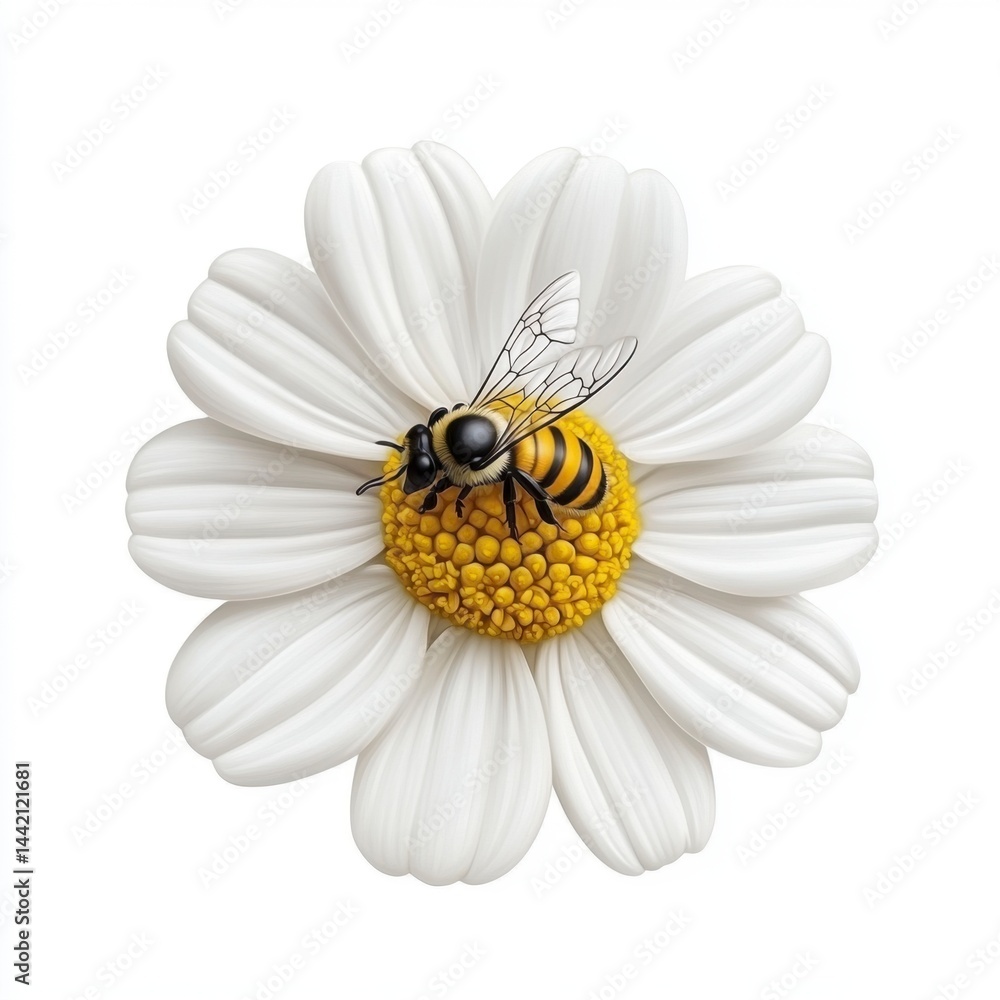Obraz premium Close-up of a beautiful white daisy flower with a vibrant yellow center and a busy bee collecting nectar during a sunny day in a natural setting