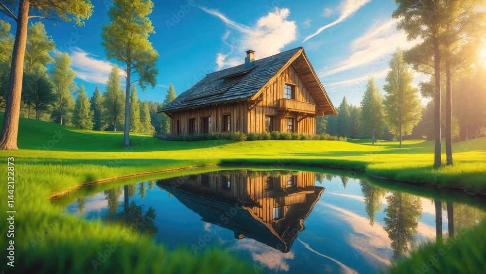 Fototapeta premium Alpine retreat with a swimming pond