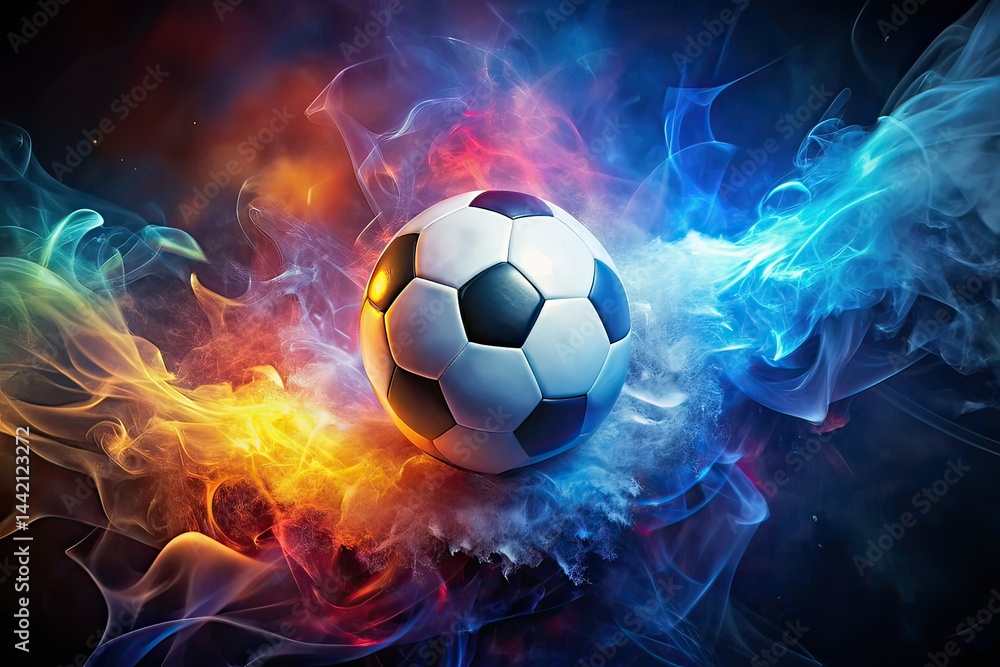Naklejka premium Dynamic Soccer Ball in Motion with Bokeh and Smoke Effect