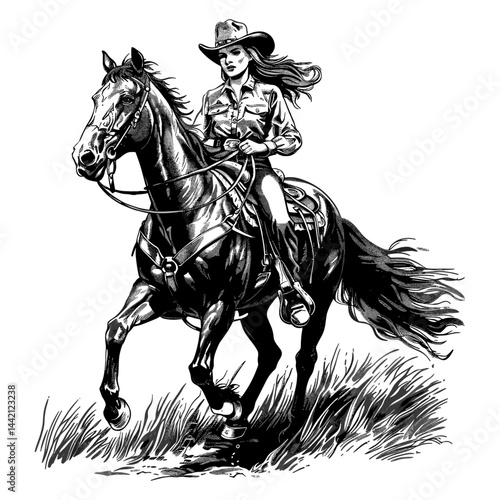 Vintage engraving style, beautiful young cowgirl woman on horseback, black sketch illustration, western life, trendy design, cowboy culture, rodeo, rustic art, equestrian lifestyle