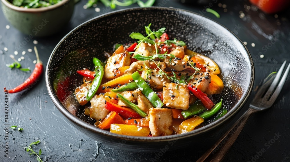 Colorful Stir-Fried Chicken with Vegetables in Bowl Colorful Stir-Fried Chicken with Vegetables in Bowl