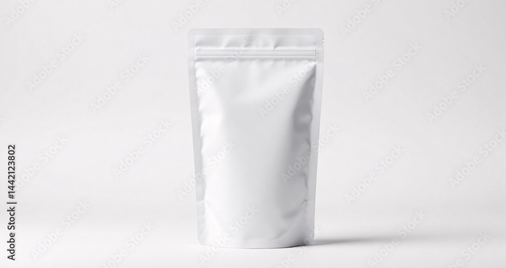 Minimalist white standing pouch with soft natural shadow on bright background. Perfect clean mockup for professional product packaging and branding displays. Minimalist white standing pouch with soft natural shadow on bright background. Perfect clean mockup for professional product packaging and branding displays.