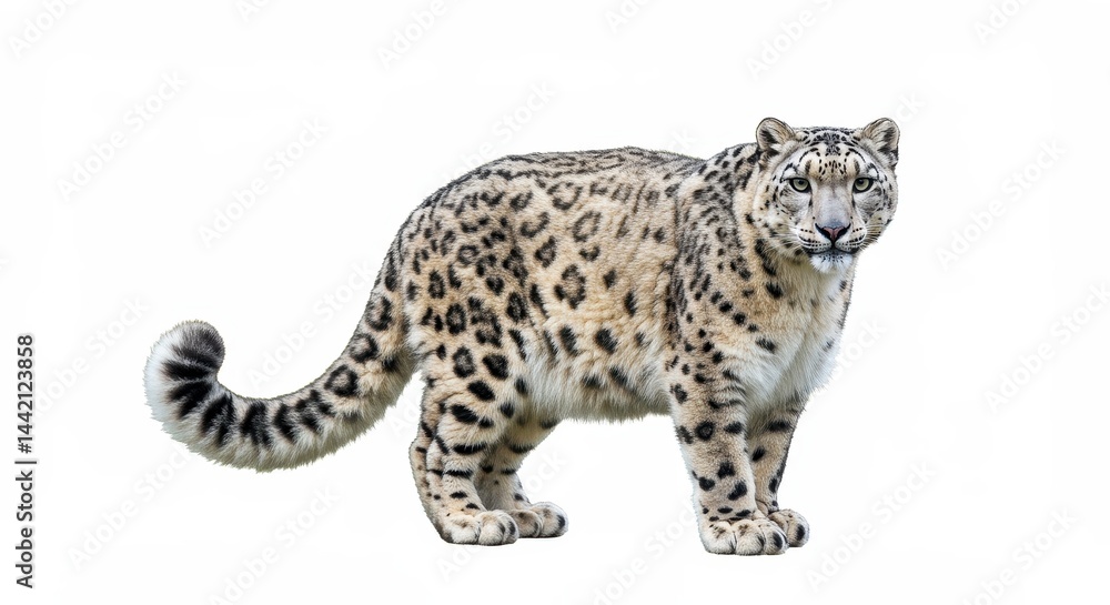 Obraz premium A majestic snow leopard standing isolated against a stark white background in full view shot