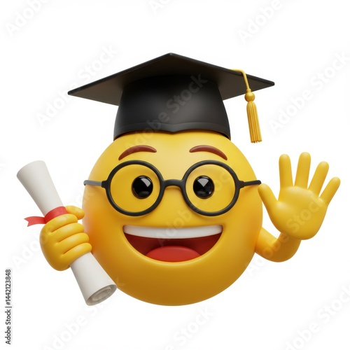 Happy Graduate Emoji: 3D Rendering of Smiley Face with Graduation Cap, Diploma, and Glasses.  Emoji Graduation:  Cheerful 3D Cartoon Character Celebrating Graduation Success