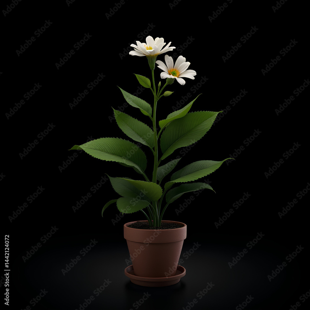 3d style digital game two white flowers in a pot on black background 3d style digital game two white flowers in a pot on black background