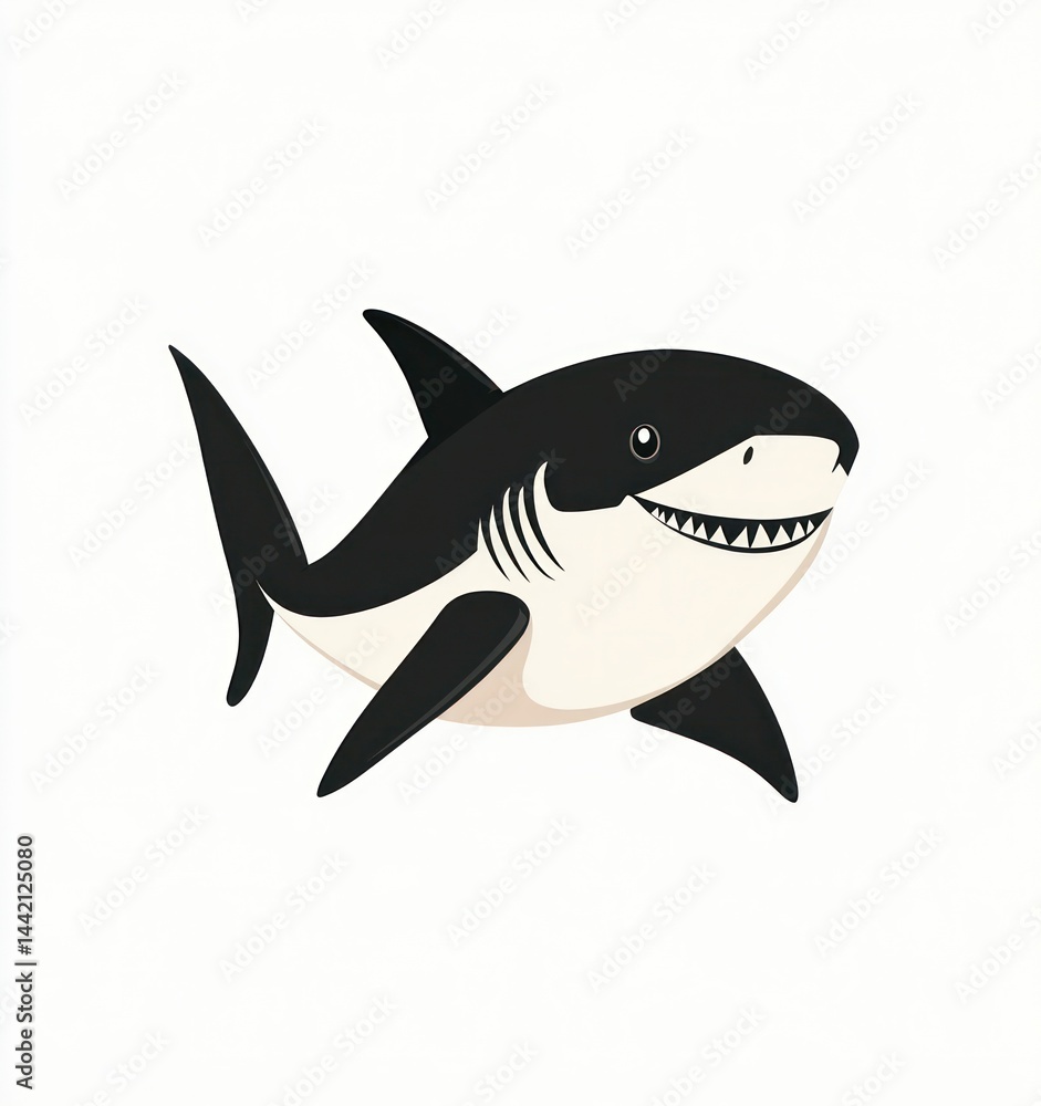 Fototapeta premium Cartoon shark, friendly smile, isolated, digital art, for kids