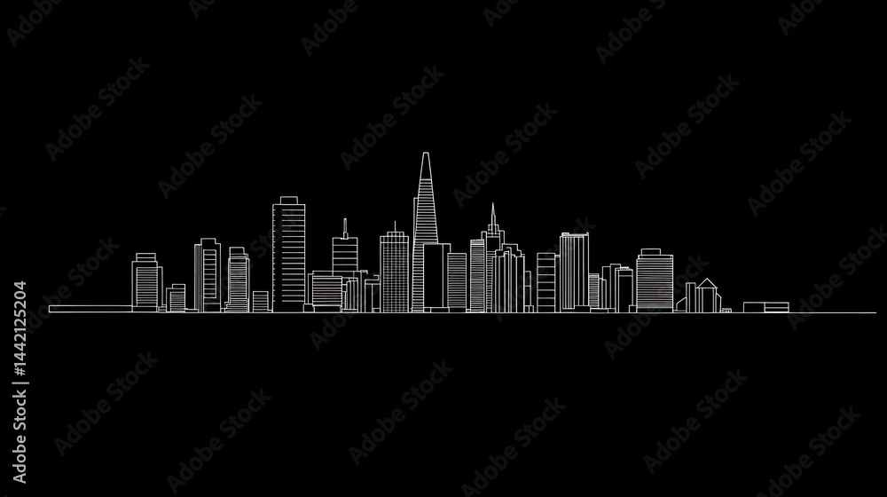 Naklejka premium City skyline line art, urban landscape, night view, minimalist illustration. Possible use Stock photo