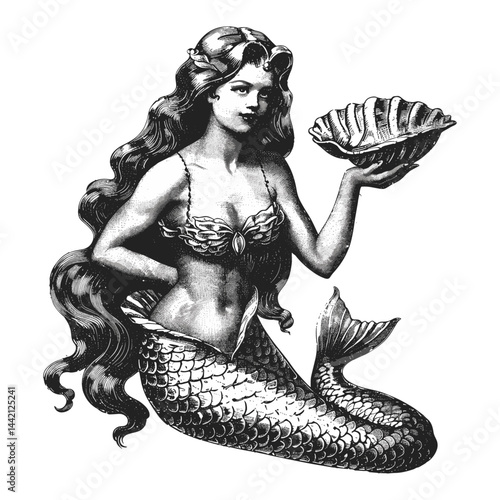 Beautiful mermaid illustration, vintage retro engraving, seashell in hands, black sketch, old style, isolated black icon, ocean art, retro mermaid, trendy vintage artwork