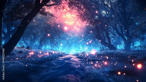 Enchanting stream flows through a mystical forest at night, glowing with ethereal light