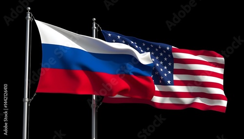 Russian and US flags standing side by side on metal flagpoles against a completely black background