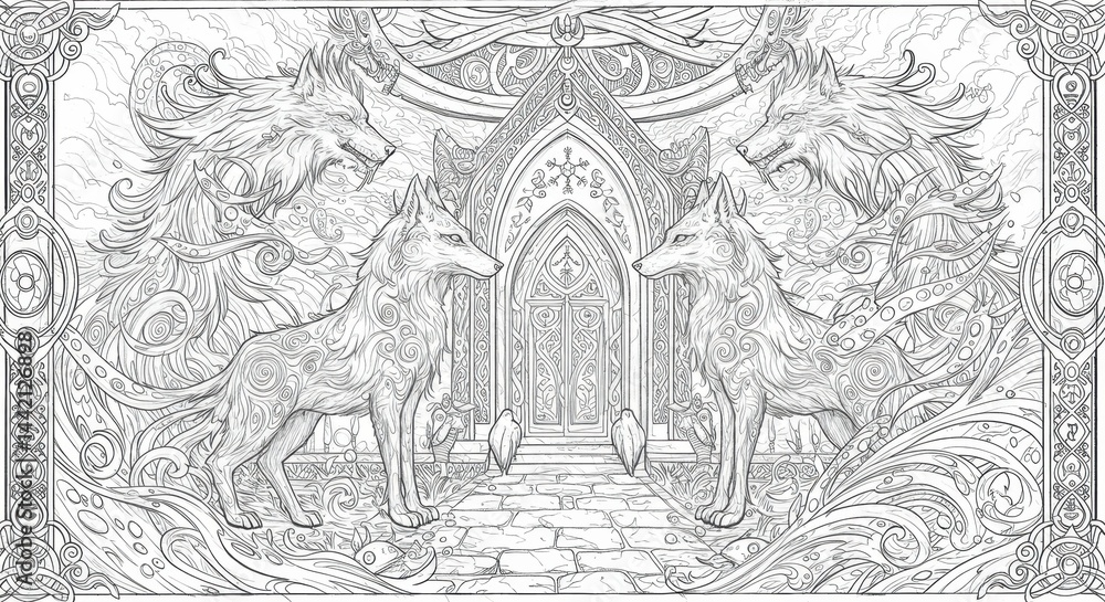 Naklejka premium Runes and Wolves Shrine Line Art
