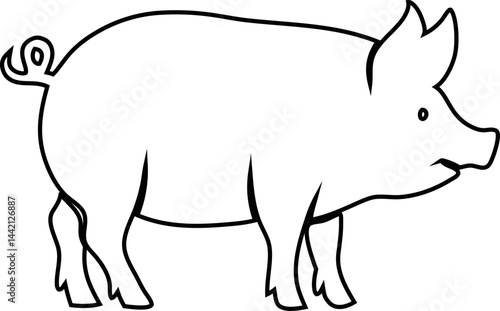 Pig line vector: Black outline of a farm animal profile on white background. Ideal for farming, agriculture, pet, or wildlife illustrations.