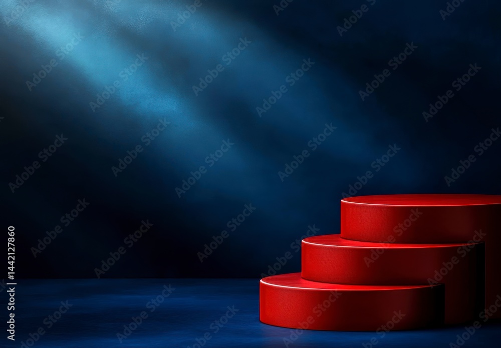 Obraz premium Dramatic Blue Lit Red Cylindrical Platforms Product Display
