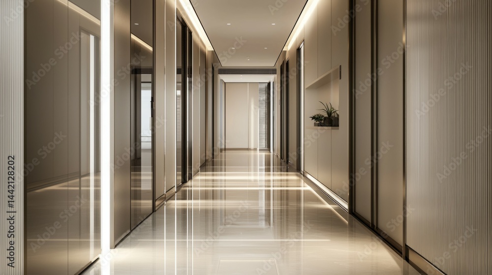 Fototapeta premium Bright and Modern Office Corridor with Elegant Design and Lighting