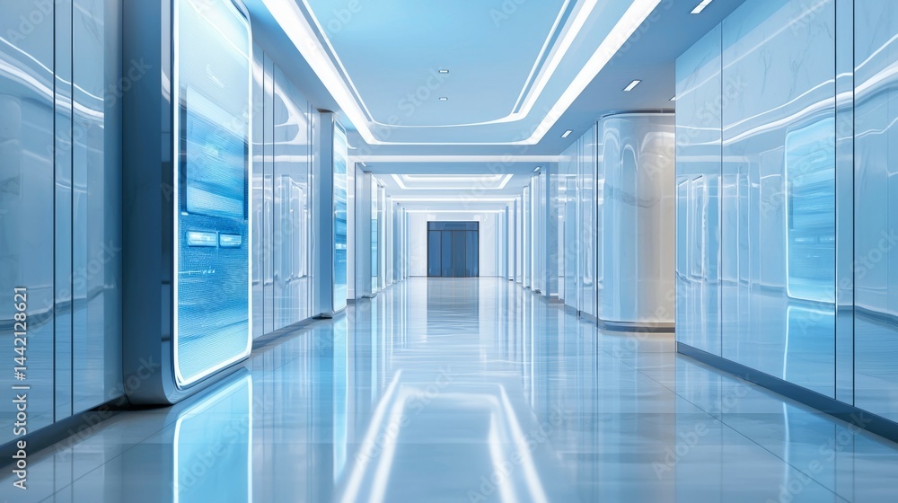 Fototapeta premium Sleek Modern Hallway with Bright Lighting and Reflective Surfaces