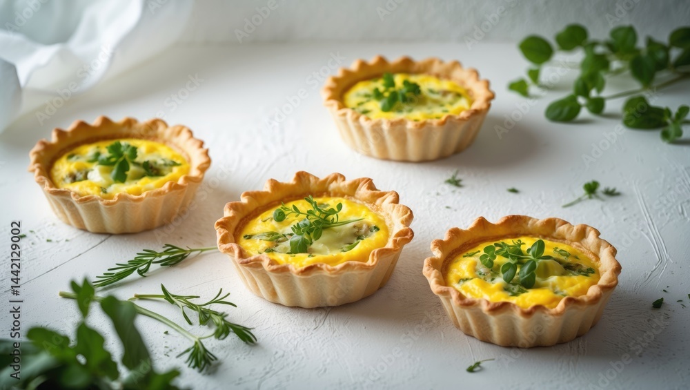 Savory mini pie featuring chicken, leek, and cheese set on a light background, viewed from above. Yummy appetizer, snack, breakfast. Savory mini pie featuring chicken, leek, and cheese set on a light background, viewed from above. Yummy appetizer, snack, breakfast.