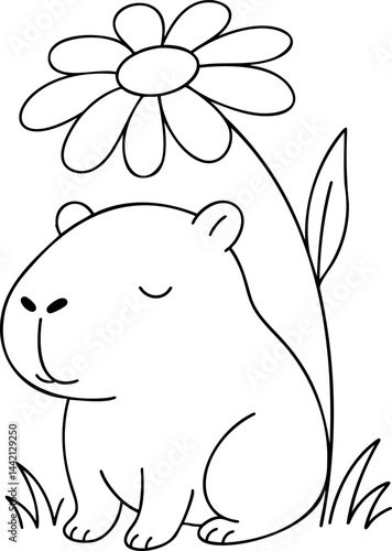 Cute capybara sitting beside flower, evoking peaceful spring vibe