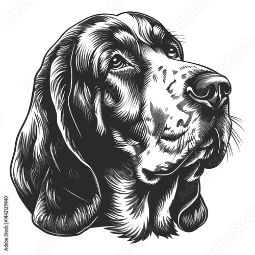 Basset hound dog head, face, black vector logo, emblem, print, sketch, icon, vintage engraving style, trendy, dog design, pet emblem, logo design, animal illustration