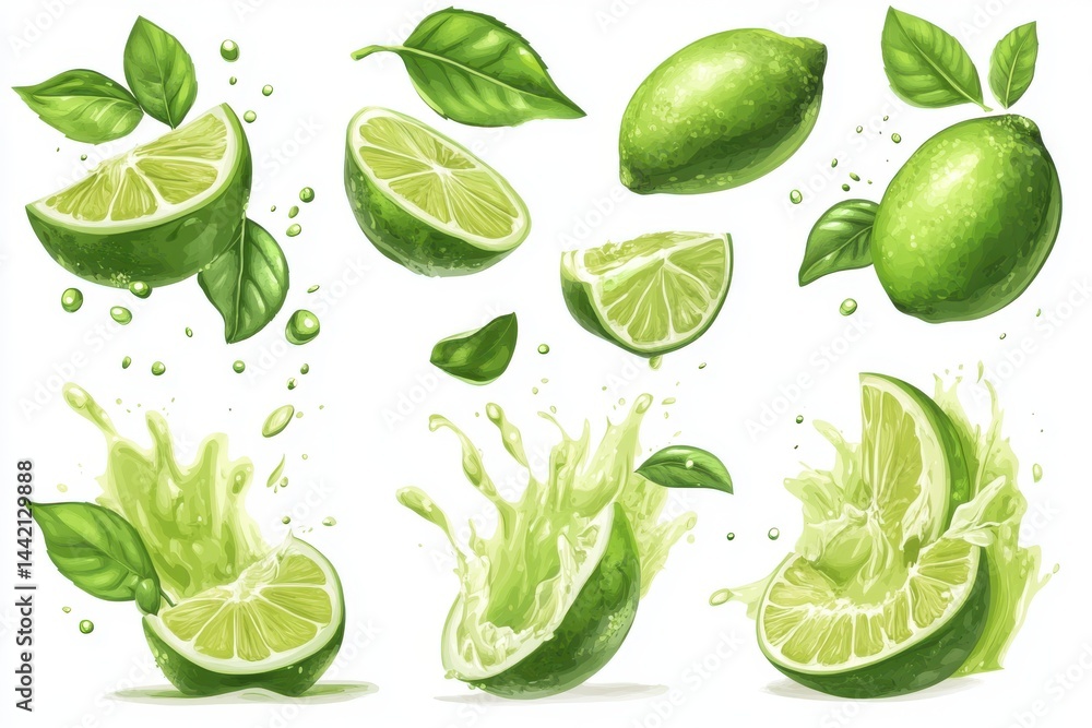 A vibrant illustration of limes with slices, juice splashes, and green leaves on a white background A vibrant illustration of limes with slices, juice splashes, and green leaves on a white background