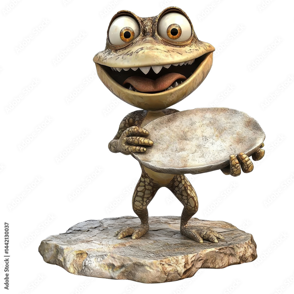 3D cartoon character holding a stone plate, whimsical and fun, isolated on white background. cutout png
