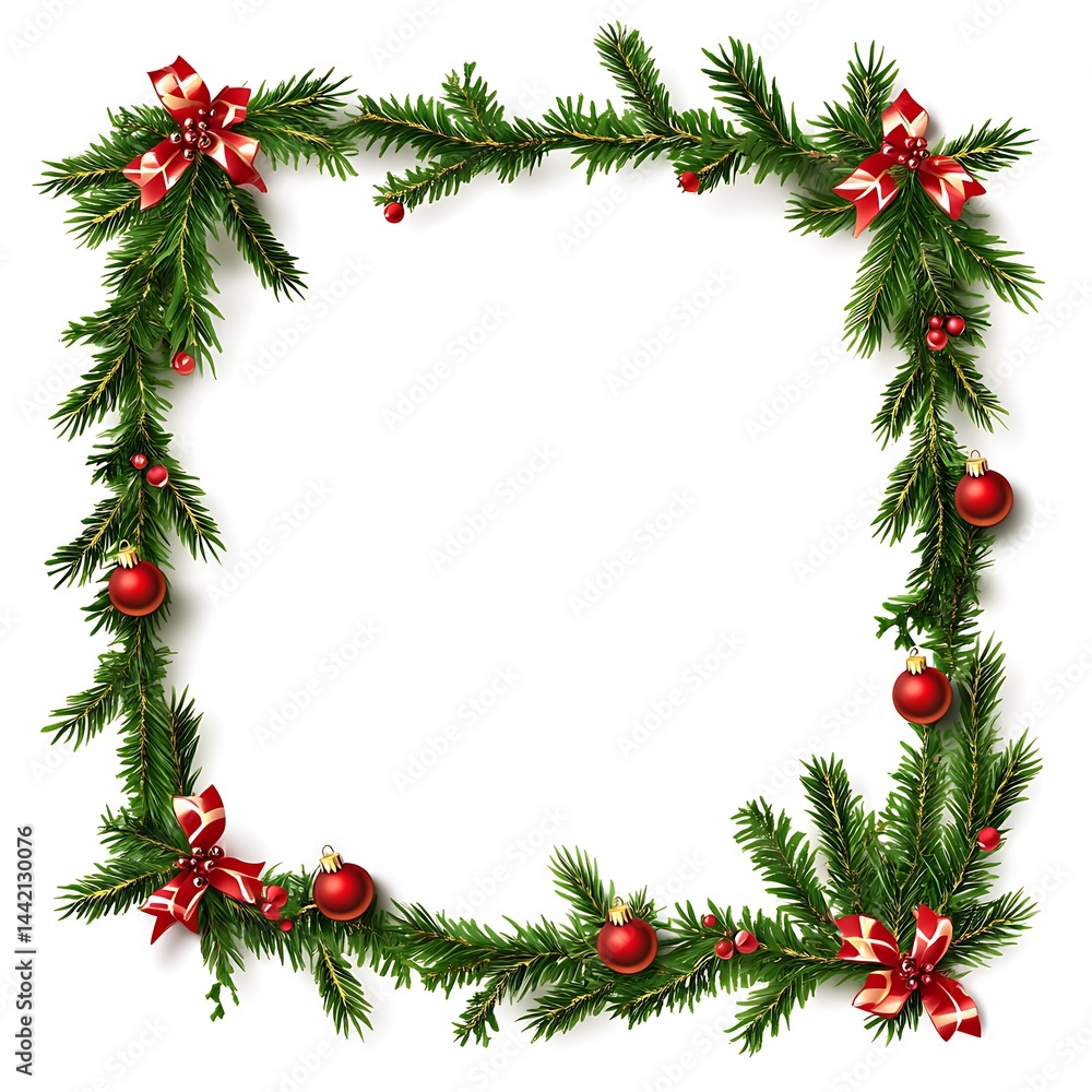 Christmas frame made of fir branches with red ornaments and ribbons Christmas frame made of fir branches with red ornaments and ribbons