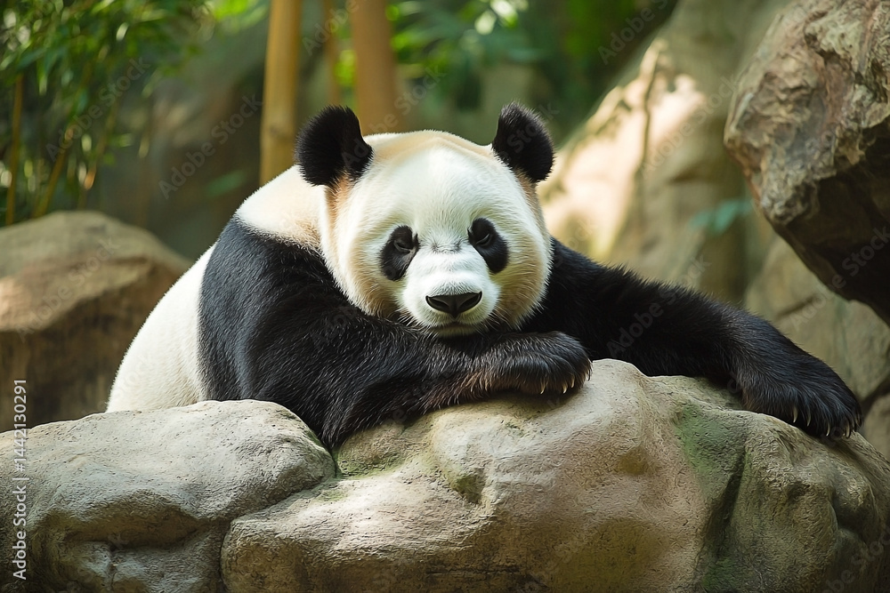 Captivating portrait of a panda resting peacefully on a rock formation at daytime