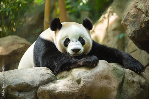 Obraz na płótnie Captivating portrait of a panda resting peacefully on a rock formation at daytime w salonie