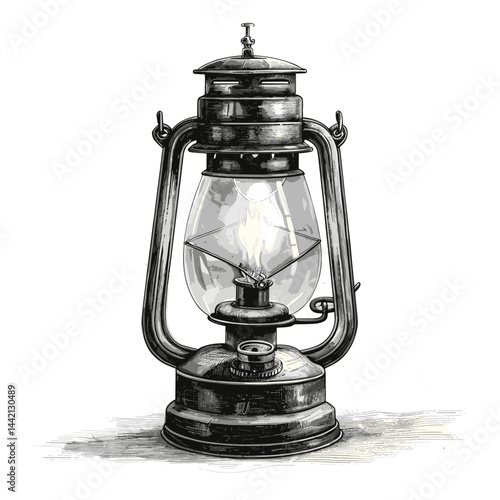 Vintage kerosene lamp sketch, black ink engraved illustration, antique lighting, retro decor drawing, rustic lantern art, old fashioned lamp, traditional interior decor