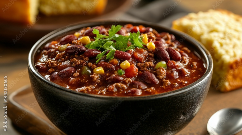 Hearty Chili with Beans and Ground Meat Served in Black Bowl Hearty Chili with Beans and Ground Meat Served in Black Bowl