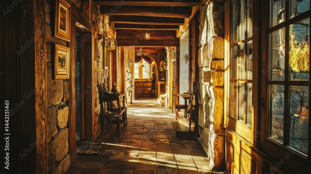 Warm and Inviting Stone Hallway with Rustic Decor and Wooden Beams Warm and Inviting Stone Hallway with Rustic Decor and Wooden Beams