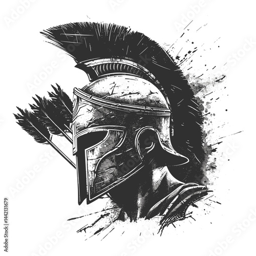 Black sketch of ancient helmet, vintage engraving style, arrow in warrior headgear, medieval battle armor, old engraving illustration, bold warrior mask, antique combat look