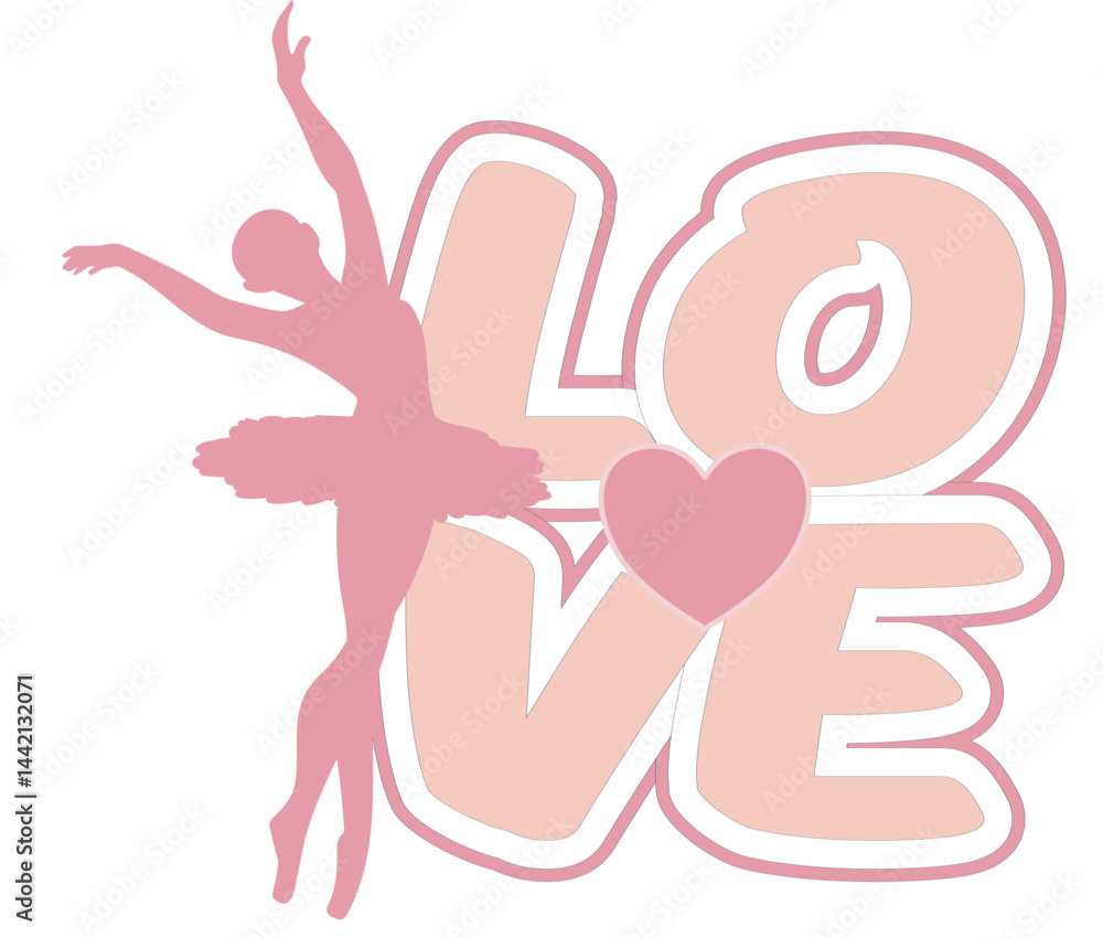 Obraz premium Vector illustration of a ballerina in tutu dancing next to the word “Love” in bold rounded letters with a two-tone effect: lighter pink and darker pink