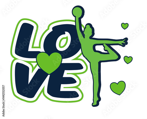 Vector illustration of a gymnast with ball next to the word “Love” in bold rounded letters with a two-tone effect: lighter green and darker blue