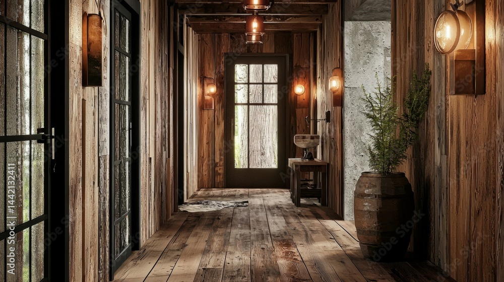 Rustic hallway with wooden walls and ambient lighting in cabin style Rustic hallway with wooden walls and ambient lighting in cabin style