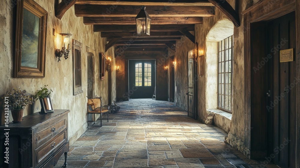 Charming Historic Hallway with Rustic Decor and Warm Lighting Charming Historic Hallway with Rustic Decor and Warm Lighting