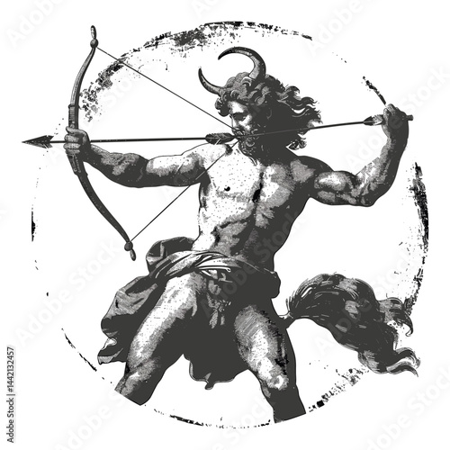 Ancient Greek mythical centaur with bow and arrow, vintage retro engraving, black icon, logo, label, old sketch, black vintage illustration, trendy logo, retro art, isolated element.