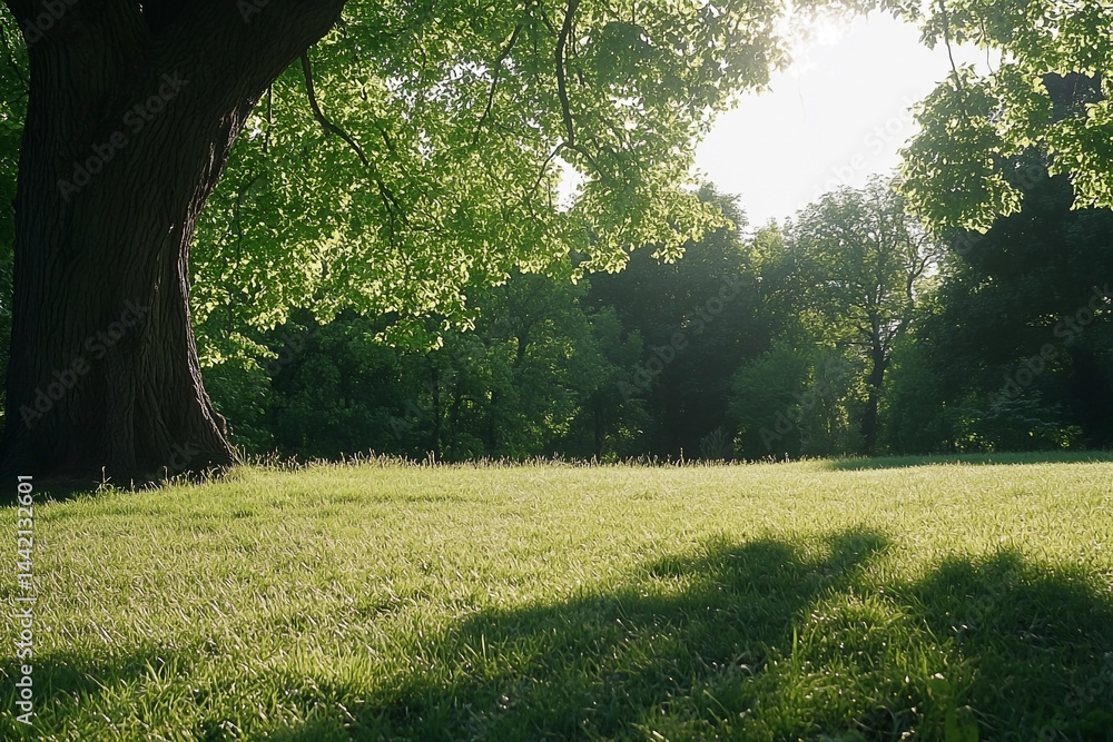 Sunlit glade with ancient tree providing shadow on a lush meadow