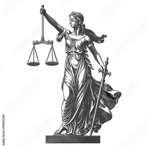 Themis, ancient Greek goddess of justice, fair trial, black sketch, logo, vintage retro engraving illustration, black icon, old engraving style, vintage trendy design, black silhouette