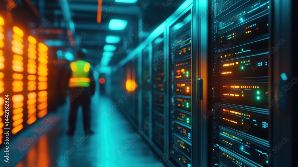 server rack room, deep blue tones, metallic servers with glowing indicators of different colours (green, yellow, orange), industrial style, blurred figure of a person in a safety vest in the backgroun server rack room, deep blue tones, metallic servers with glowing indicators of different colours (green, yellow, orange), industrial style, blurred figure of a person in a safety vest in the backgroun