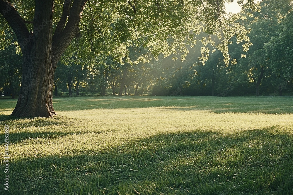 Sunlit meadow landscape with shadows under old tree in tranquil park setting