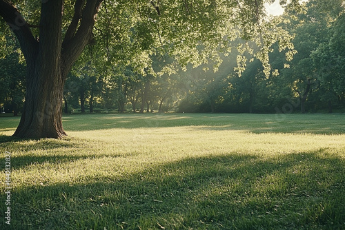 Obraz na płótnie Sunlit meadow landscape with shadows under old tree in tranquil park setting w salonie