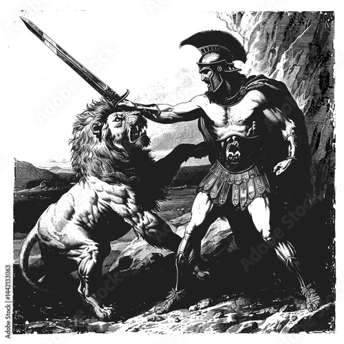 Greek warrior with sword battling a lion, black sketch, vintage engraving, silhouette drawing, old-style artwork, antique illustration, mythological, heroic, warrior art, classic combat