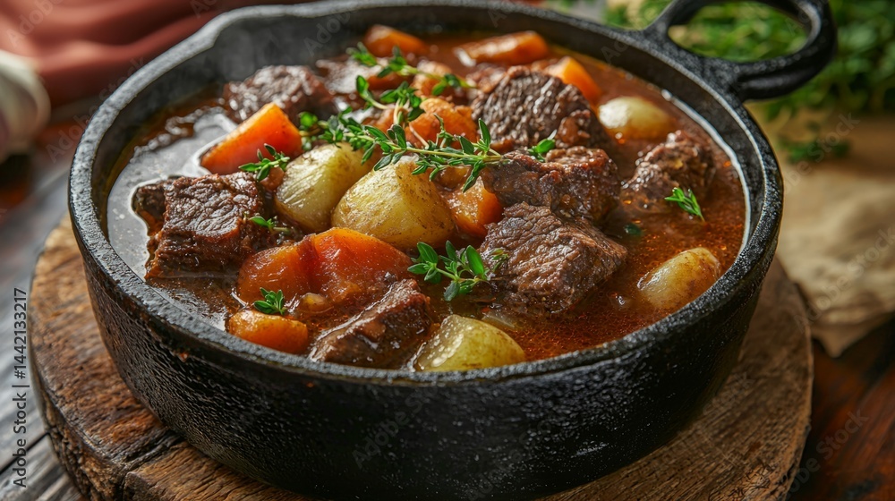 Hearty Beef Stew with Vegetables in Cast Iron Pot on Wooden Board Hearty Beef Stew with Vegetables in Cast Iron Pot on Wooden Board