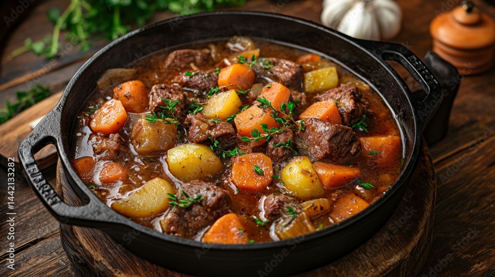 Hearty Beef Stew with Vegetables in Cast Iron Pot on Wooden Table Hearty Beef Stew with Vegetables in Cast Iron Pot on Wooden Table