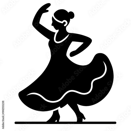 A flat design icon of a flamenco dancer with a swirling skirt 
