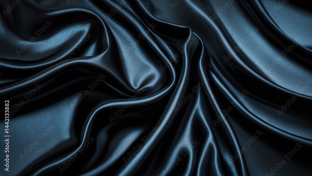 Obraz premium Elegant black silk satin background showcasing soft, flowing folds on shiny fabric with ample copy space.