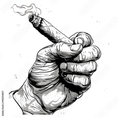 Smoking cigar in a man's hand, vintage retro engraving illustration, black icon logo, isolated element, black sketch, old engraving style, trendy vintage design, retro logo, elegant vintage art